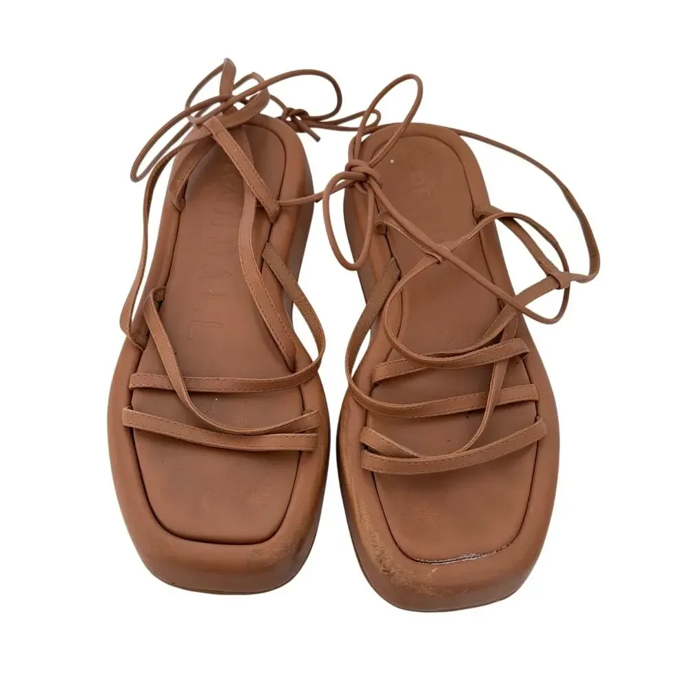 Loeffler Randall (6.5) Beau Dark Sand Leather Wrap Tie Platform Sandals